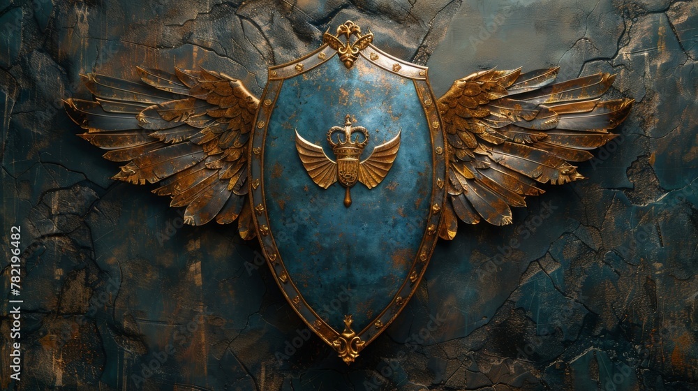 Fototapeta premium With crowned helm and iron wings, this fantasy heraldic shield is beautiful