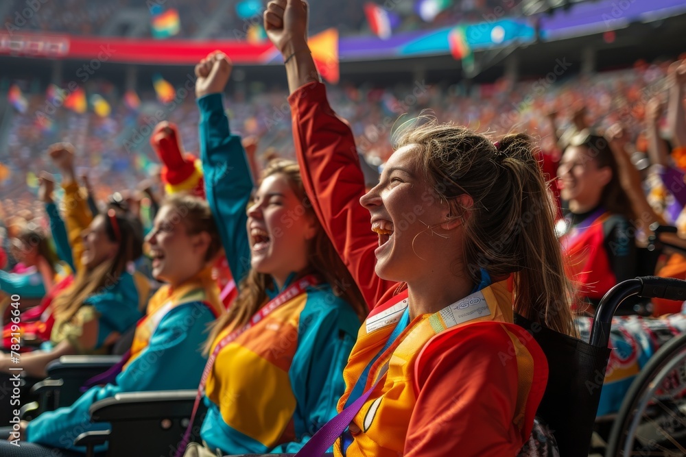 A group of people are sitting in a stadium, all wearing colorful clothing