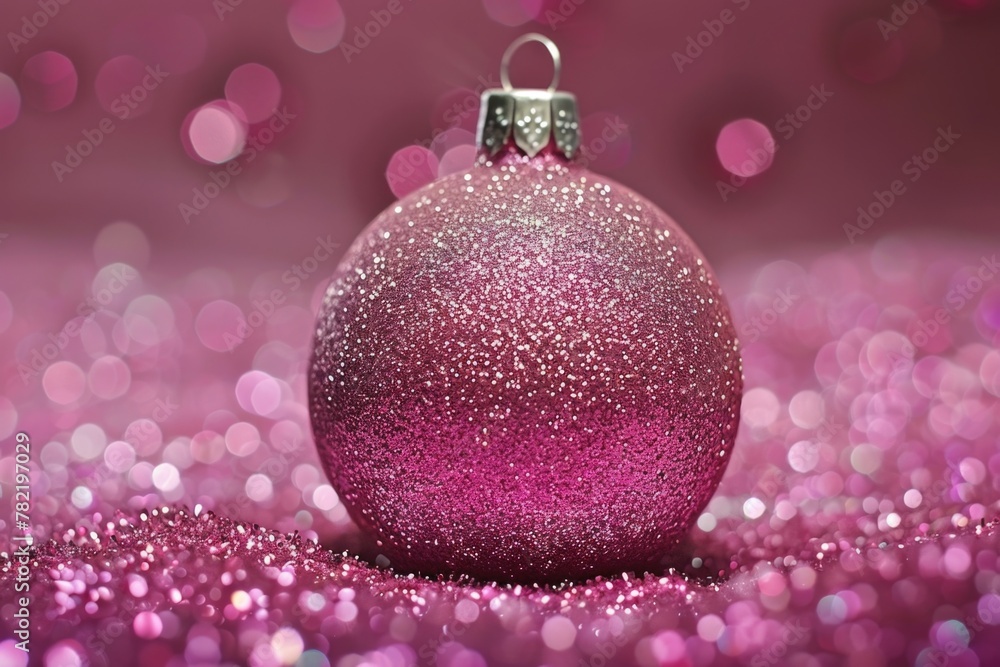 Fototapeta premium A festive pink Christmas ornament on glitter background. Perfect for holiday designs