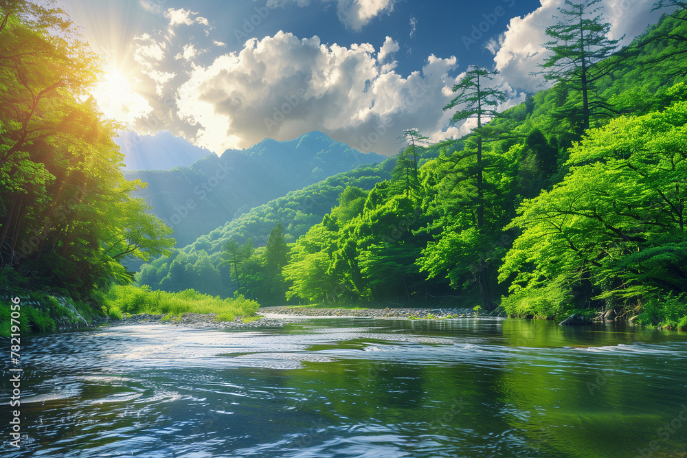 Lush greenery and towering trees flank a serene river, with sunbeams piercing through clouds above mountains. Lush greenery and towering trees flank a serene river, with sunbeams piercing through clouds above mountains.