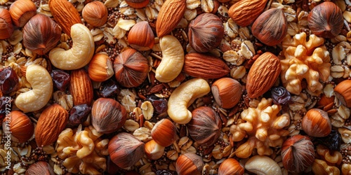 nuts. a mixture of nuts. a lot of nuts. walnut. chickpeas. Macadamia. almond. cashews. hazelnut. peanuts. pistachios. generated image. background.