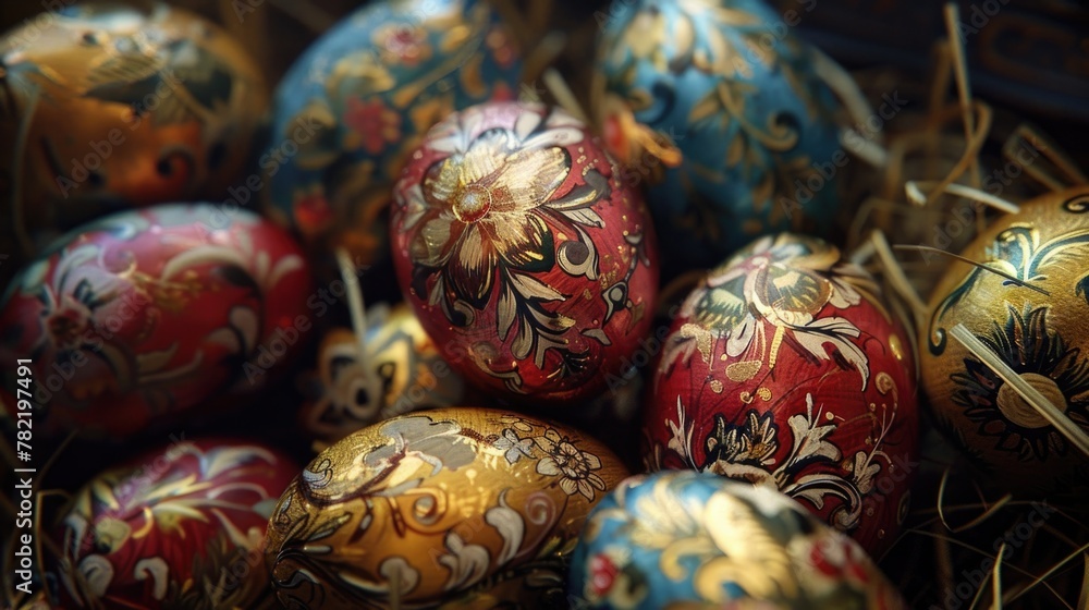 Vibrant painted Easter eggs in a basket, perfect for spring celebrations Vibrant painted Easter eggs in a basket, perfect for spring celebrations
