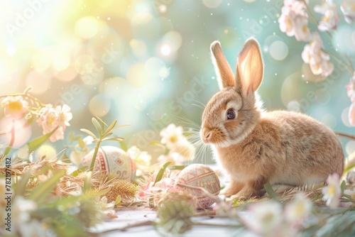 A cute rabbit sitting in the grass next to some colorful flowers. Perfect for nature or animal related projects