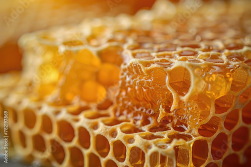 A close-up view of the intricate hexagonal structure of a honeycomb