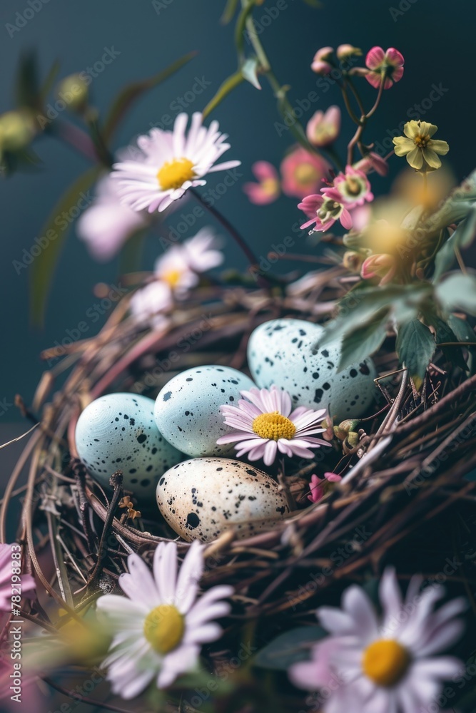 A nest filled with eggs and flowers on a table. Suitable for nature or spring-themed designs A nest filled with eggs and flowers on a table. Suitable for nature or spring-themed designs