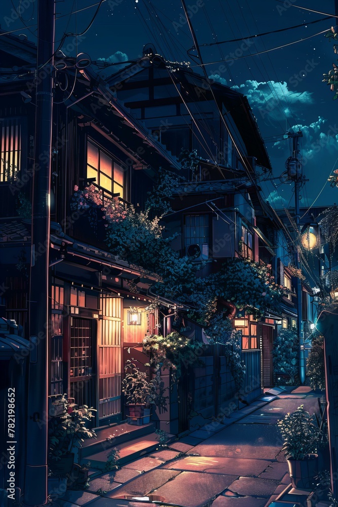 Digital painting of a traditional Japanese street at dusk. Cultural heritage and travel concept
