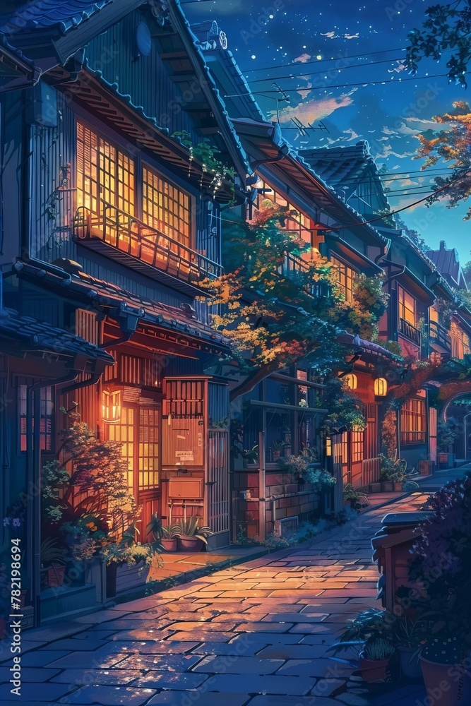 Digital painting of a traditional Japanese street at dusk. Cultural heritage and travel concept