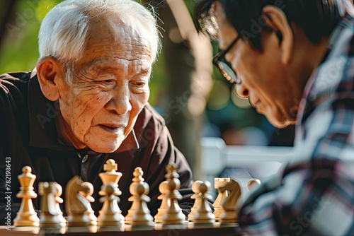 Senior old man playing chess together.