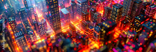 Aerial View of Illuminated City Skyline, Abstract Concept of Urban Architecture and Night Technology