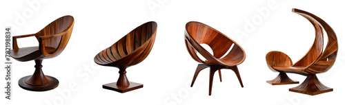 Simple, functional wooden furniture made from teak and curved designs against a on transparent background 