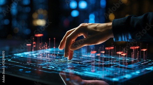 A hand adjusting settings on a holographic display of operational metrics, metrics changing, dynamic lighting.