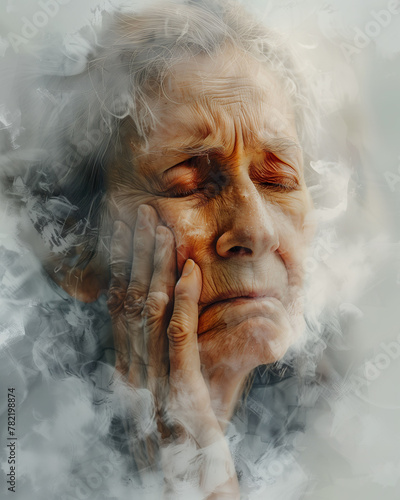 Illustration of female with expressive facial pain, one hand gently touching her cheek, highlighting symptoms of trigeminal neuralgia.  photo