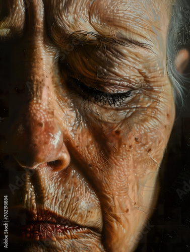 A close-up portrait of a senior woman grimacing from facial pain, indicative of trigeminal neuralgia.  photo