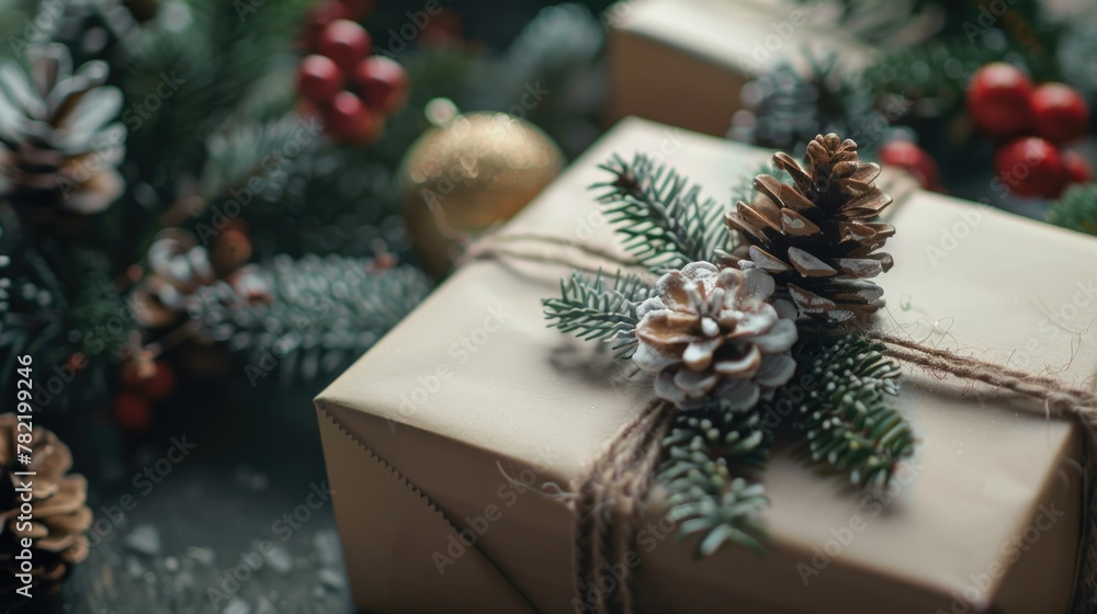 A simple gift wrapped in brown paper with a pine cone on top. Suitable for holiday and nature-themed projects A simple gift wrapped in brown paper with a pine cone on top. Suitable for holiday and nature-themed projects