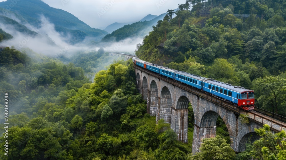 Fototapeta premium Train on the bridge in the jungle forest