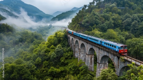 Train on the bridge in the jungle forest