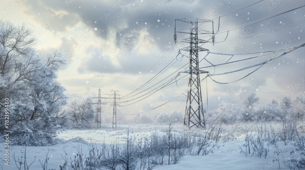 A winter landscape with power lines and trees, suitable for various projects A winter landscape with power lines and trees, suitable for various projects