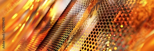 A vibrant close-up of orange and gold light reflections on a metallic surface.