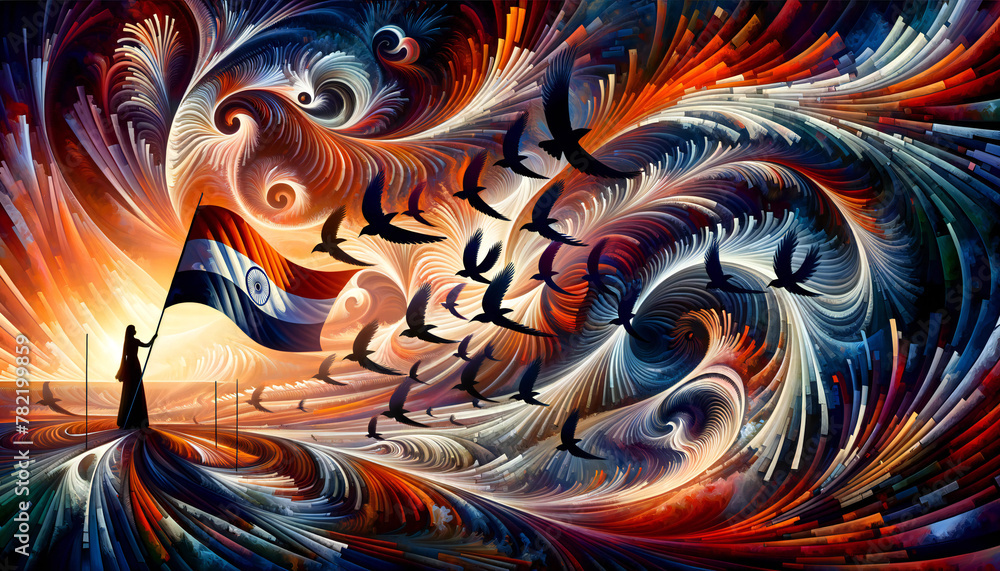 Obraz premium Abstract background with a kaleidoscope of colors and patterns swirling, bird silhouettes, and a waving flag. Memorial Day concept.