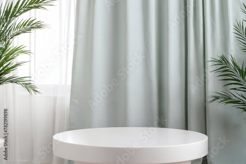 Product packaging mockup photo of white cylinder pedestal.  Minimal scene for product display presentation.  curtain and foliage It s a component in the scene  studio advertising photoshoot