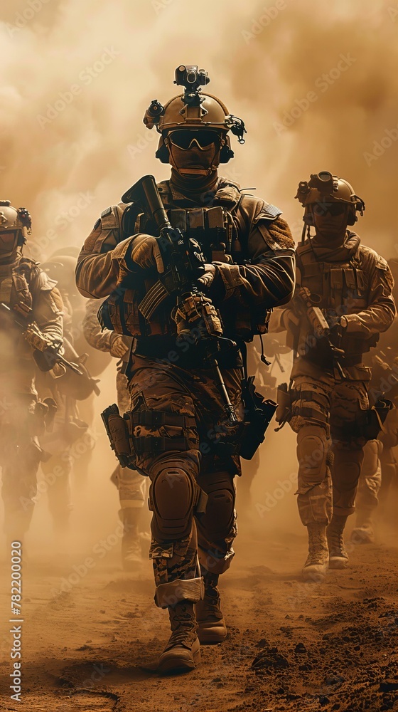 Military soldiers in formation on a dusty battlefield. Defense and armed forces concept Military soldiers in formation on a dusty battlefield. Defense and armed forces concept