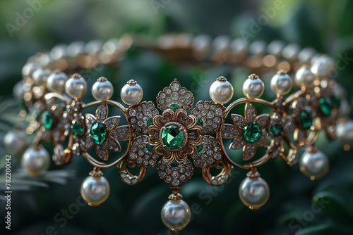 A beautiful and intricate choker with gold, diamond, pearl