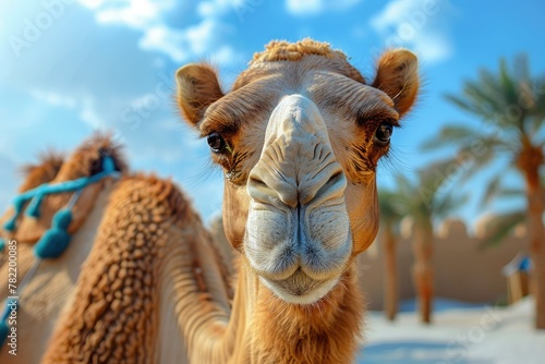 Funny close-up portrait of a camel looking at the camera against the backdrop of an African oasis landscape with palm trees photo