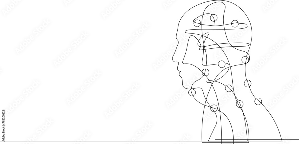 Continuous one line drawing of person profile with dots. Problems, stress, brainstorm, idea concept in doodle style. Single line vector. Continuous one line drawing of person profile with dots. Problems, stress, brainstorm, idea concept in doodle style. Single line vector.