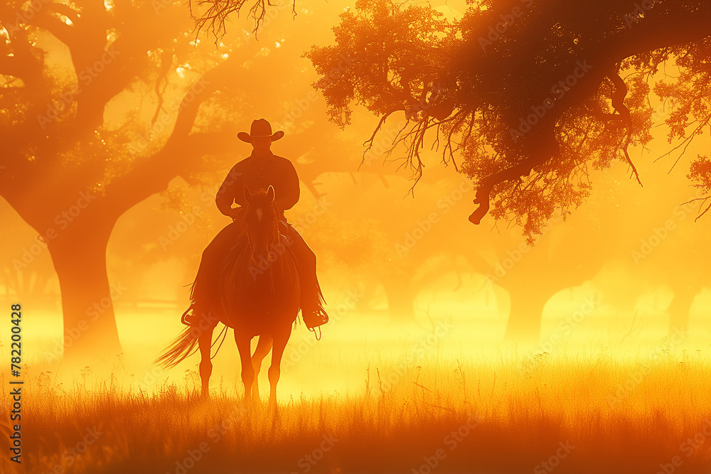 Misty Morning Cowboy Silhouette with Lasso