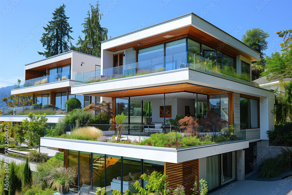 Modern white residential house with green vegetation on the balcony. Sustainable, green future