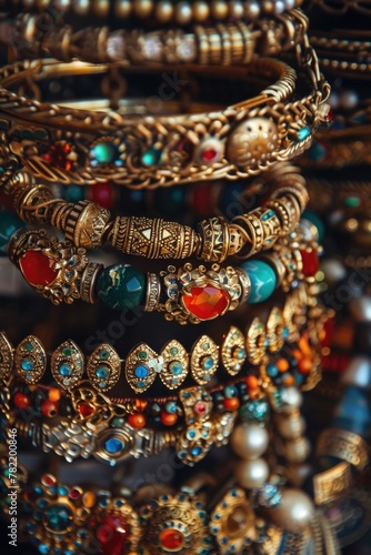 A close-up view of a bunch of bracelets. Suitable for fashion and accessories concepts