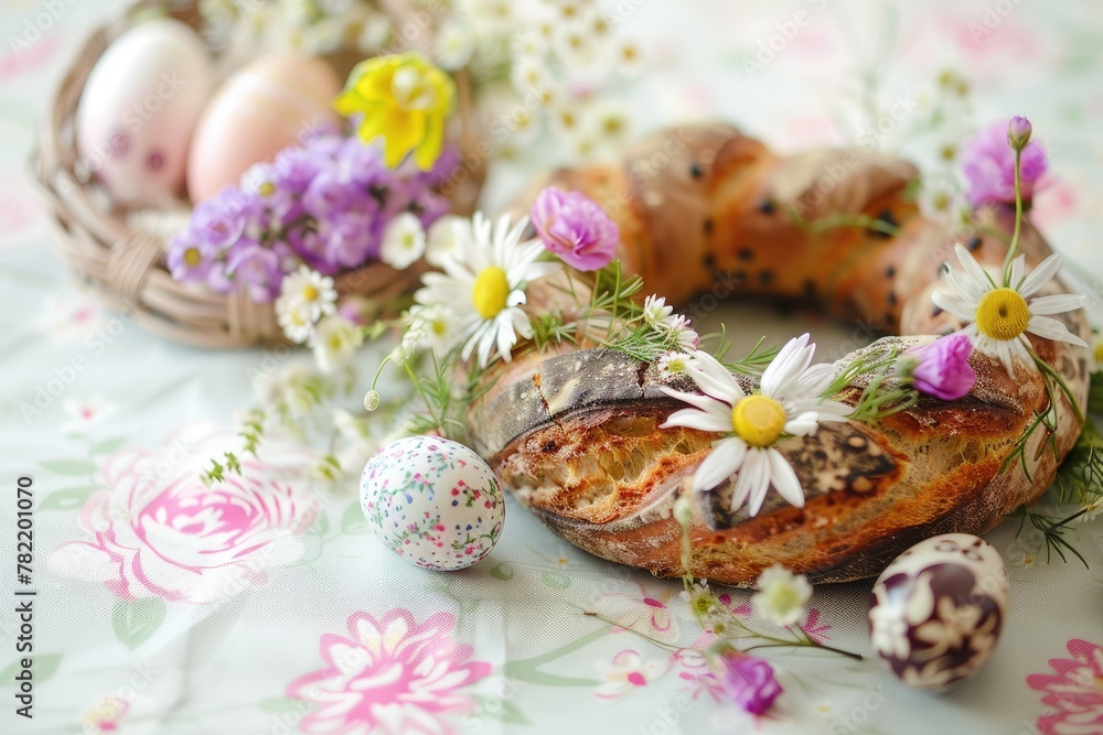 A bread wreath for Easter, decorated with eggs and spring flowers, on a pastel tablecloth A bread wreath for Easter, decorated with eggs and spring flowers, on a pastel tablecloth