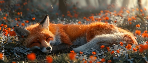 An adorable fluffy red fox vulpes curling up in grass in a fantasy fairy tale forest with a mysterious trail road on a glorious sunny day.