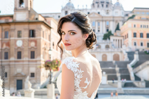 beautiful bride in wedding dress posing in front of rome cathedral  © PixelGallery