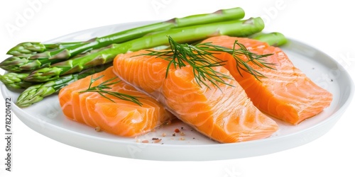 Freshly cooked salmon and asparagus on a clean white plate. Perfect for food blogs and restaurant menus