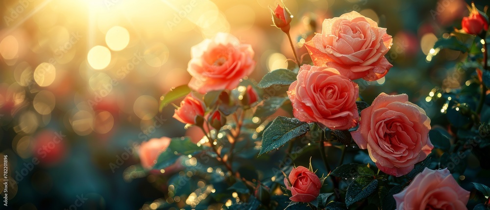 Fantasy amazing nature dreamy landscape with a blooming rose flower in a wonderful garden in a fantastic fairy tale spring or summer floral sunny background with sun light beams and rays. Fantasy amazing nature dreamy landscape with a blooming rose flower in a wonderful garden in a fantastic fairy tale spring or summer floral sunny background with sun light beams and rays.