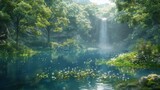 The Mystery Forest Pond. Concept Art. Realistic Illustration. Video Game Digital Artwork Background. Natural Scenery.