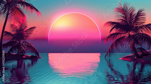 beautiful retro neon sunrise with a big sun and palm trees with a big lake