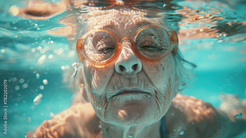 Naklejka premium An older woman wearing goggles swimming in a pool. Suitable for health and fitness concepts