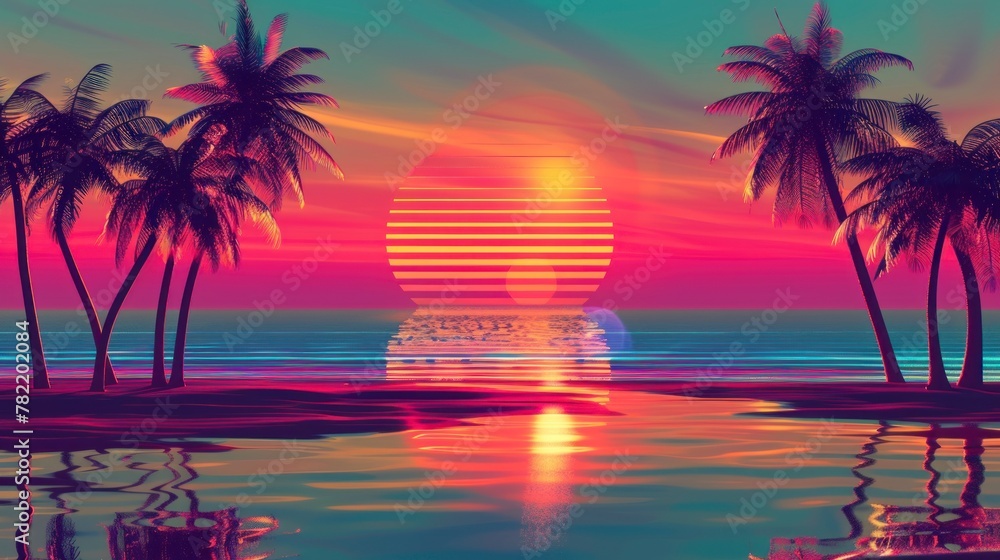 Beautiful retro neon sunrise with a big sun and palm trees with a large lake with a reflection in high resolution and high quality. retro concept,wallpaper,neon