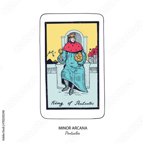 Tarot card vector deck . Minor Arcana Pentacles . Occult esoteric spiritual Tarot. Isolated colored hand drawn illustrations

