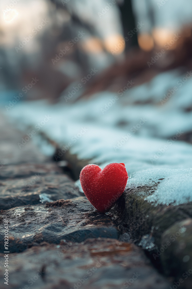 Fototapeta premium Red heart on a snowy stone path