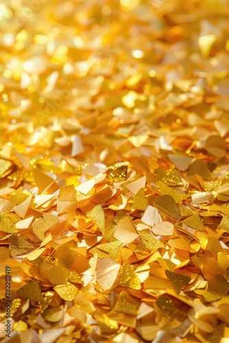 A close-up view of a pile of gold confetti. Great for celebration themes
