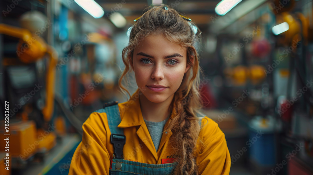 Portrait of a young beautiful car mechanic in a car workshop, in the background of service. Concept: repair of machines, fault diagnosis, repair specialist, technical maintenance and on-board computer Portrait of a young beautiful car mechanic in a car workshop, in the background of service. Concept: repair of machines, fault diagnosis, repair specialist, technical maintenance and on-board computer