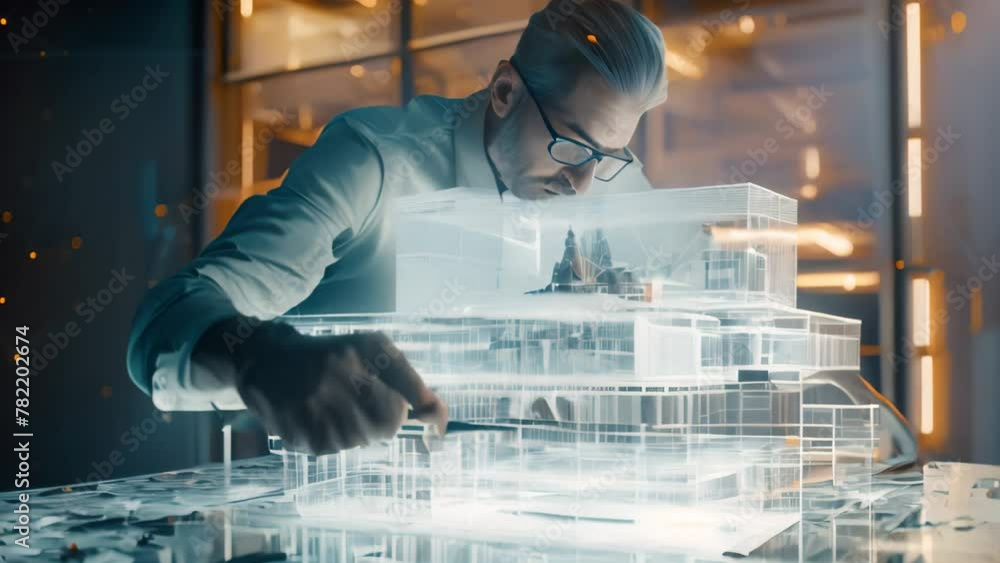 A man carefully examines a model of a modern skyscraper, studying the intricate details and design, An architect using holographic technology to design a building, AI Generated A man carefully examines a model of a modern skyscraper, studying the intricate details and design, An architect using holographic technology to design a building, AI Generated