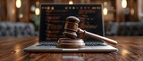 Cyber Law Authority: Gavel on Laptop with Code. Concept Cyber Law, Digital Regulation, Online Jurisdiction, Information Security, Legal Compliance