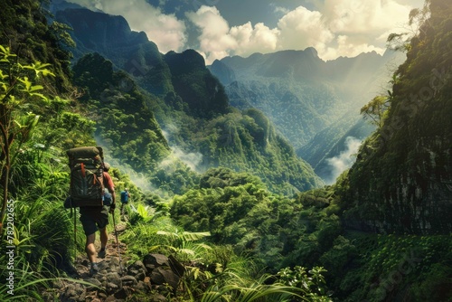 Rearview man enjoying hiking in lush jungle with backpack on the mountain  © Moon Story