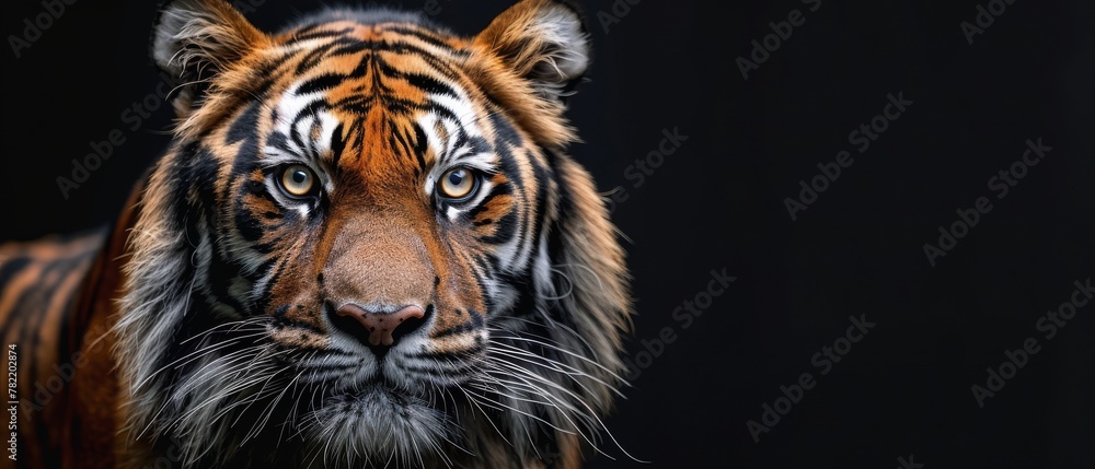 Fototapeta premium Stunning panoramic banner with panthera tigris and vacant copy space, tiger portrait isolated on black background