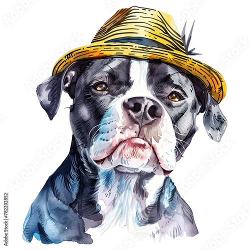 portrait of amercian pitbull dog with hat photo