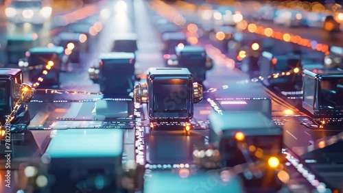 A line of cars can be seen traveling on a busy road during rush hour traffic, An assembly line of blocks representing blockchain, AI Generated photo